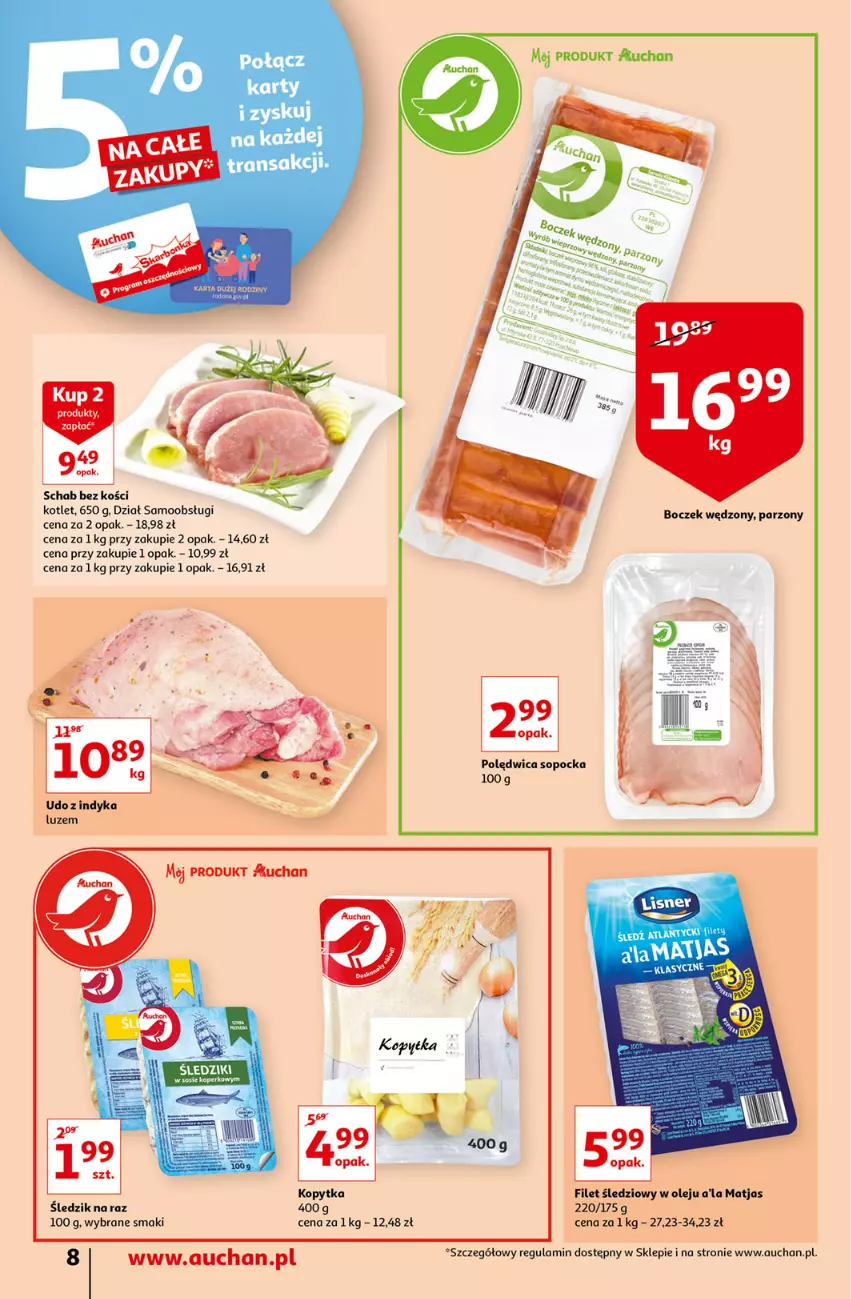 Gazetka promocyjna Auchan - Maxi Paki Niskie Ceny Supermarkety - ważna 13.01 do 19.01.2022 - strona 8 - produkty: Boczek, Fa, Kopytka, Kotlet, Matjas, Olej, Polędwica, Sos