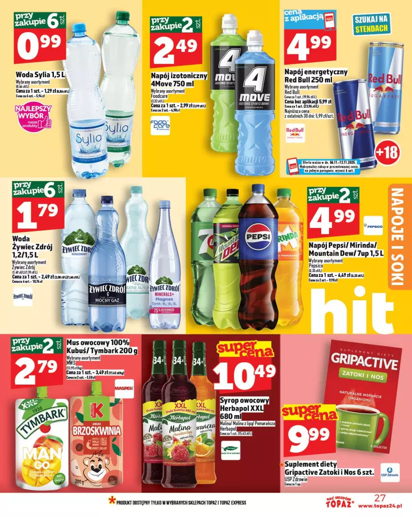 Gazetka promocyjna Topaz - Gazetka - ważna 06.11 do 12.11.2025 - strona 27 - produkty: 7up, Kubuś, Mirinda, Mus, Napój, Napój energetyczny, Napój izotoniczny, Pepsi, Red Bull, Suplement diety, Top, Tymbark, Woda, Zdrowie