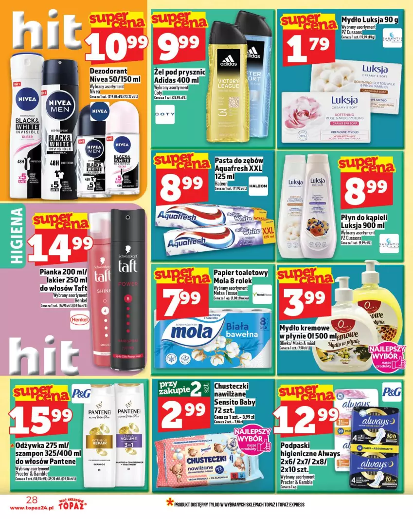 Gazetka promocyjna Topaz - Gazetka - ważna 06.11 do 12.11.2025 - strona 28 - produkty: Adidas, Always, Aquafresh, Chusteczki, Dezodorant, Lack, Luksja, Miód, Mleko, Mola, Mydło, Nivea, Odżywka, Pantene, Papier, Papier toaletowy, Pasta do zębów, Płyn do kąpieli, Podpaski, Sito, Szampon, Taft, Top
