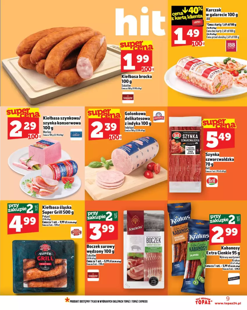 Gazetka promocyjna Topaz - Gazetka - ważna 06.11 do 12.11.2025 - strona 9 - produkty: Bell, Boczek, Gala, Grill, Kabanos, Kiełbasa, Kiełbasa szynkowa, Kurczak, Pekpol, Ser, Sok, Sokołów, Szynka, Szynka konserwowa, Top
