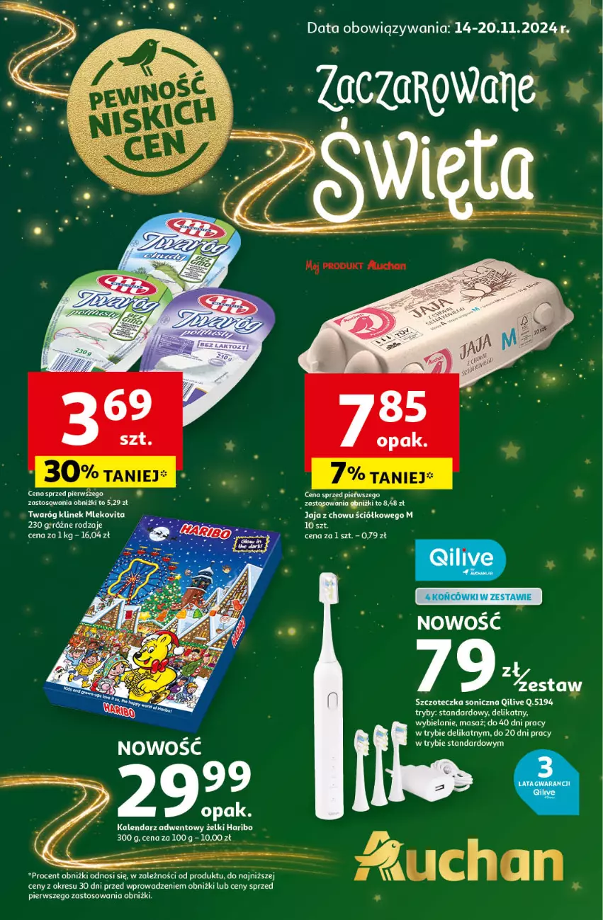 Gazetka promocyjna Auchan - Pewność Niskich Cen Hipermarket - ważna 14.11 do 20.11.2024 - strona 1 - produkty: Haribo, Kalendarz, Kalendarz adwentowy, Mleko, Mlekovita, Por, Szczoteczka, Szczoteczka soniczna, Twaróg