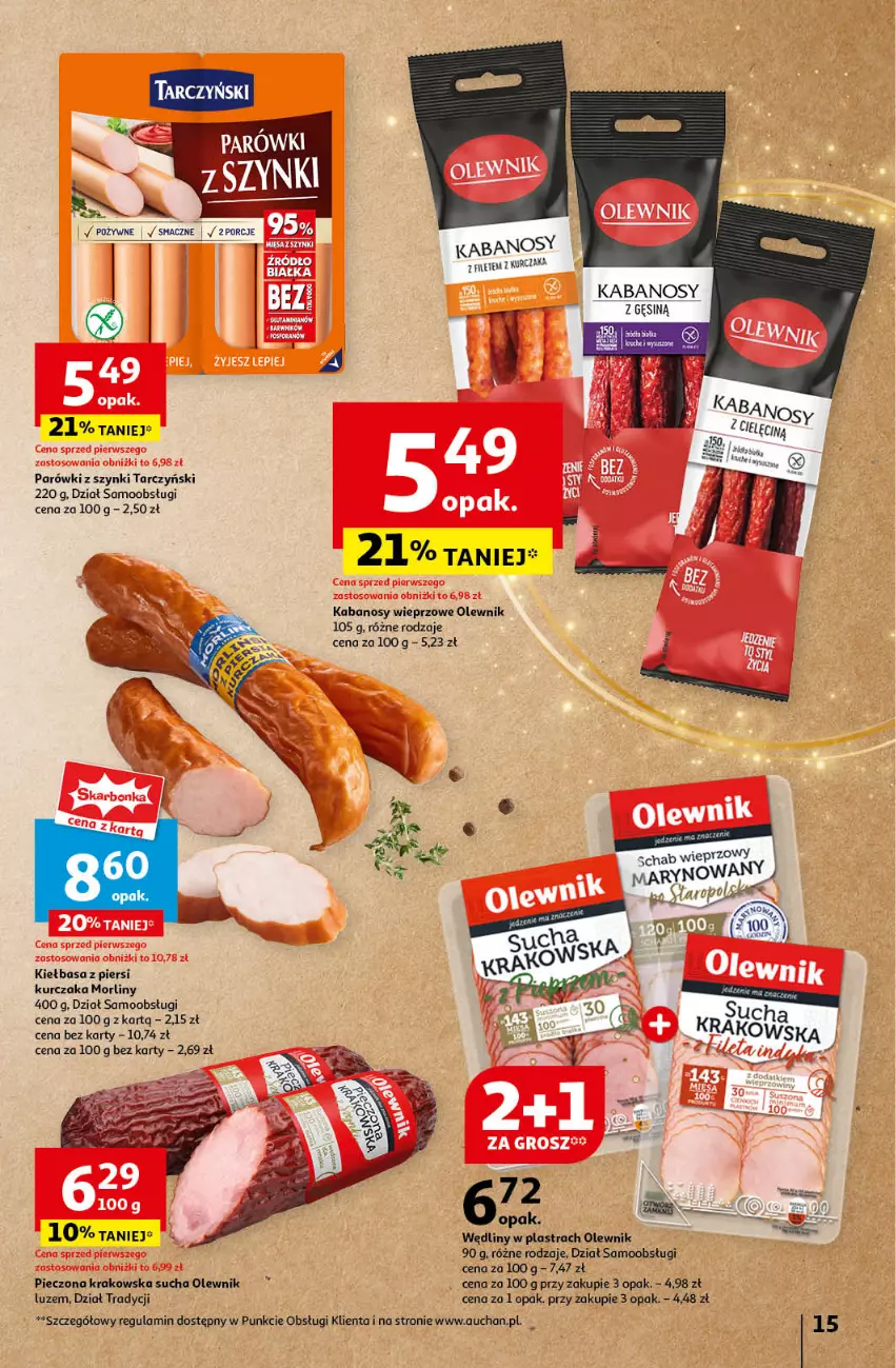 Gazetka promocyjna Auchan - Pewność Niskich Cen Hipermarket - ważna 14.11 do 20.11.2024 - strona 17 - produkty: Kabanos, Kiełbasa, Kurczak, Morliny, Olewnik, Parówki, Parówki z szynki, Piec, Schab wieprzowy, Tarczyński