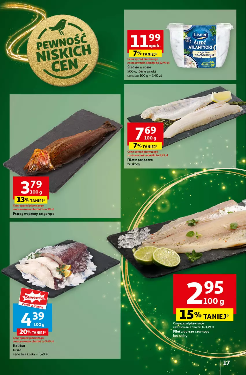 Gazetka promocyjna Auchan - Pewność Niskich Cen Hipermarket - ważna 14.11 do 20.11.2024 - strona 19 - produkty: Filet z sandacza, Halibut, Pstrąg, Pstrąg wędzony, Sandacz, Sos, Tusz