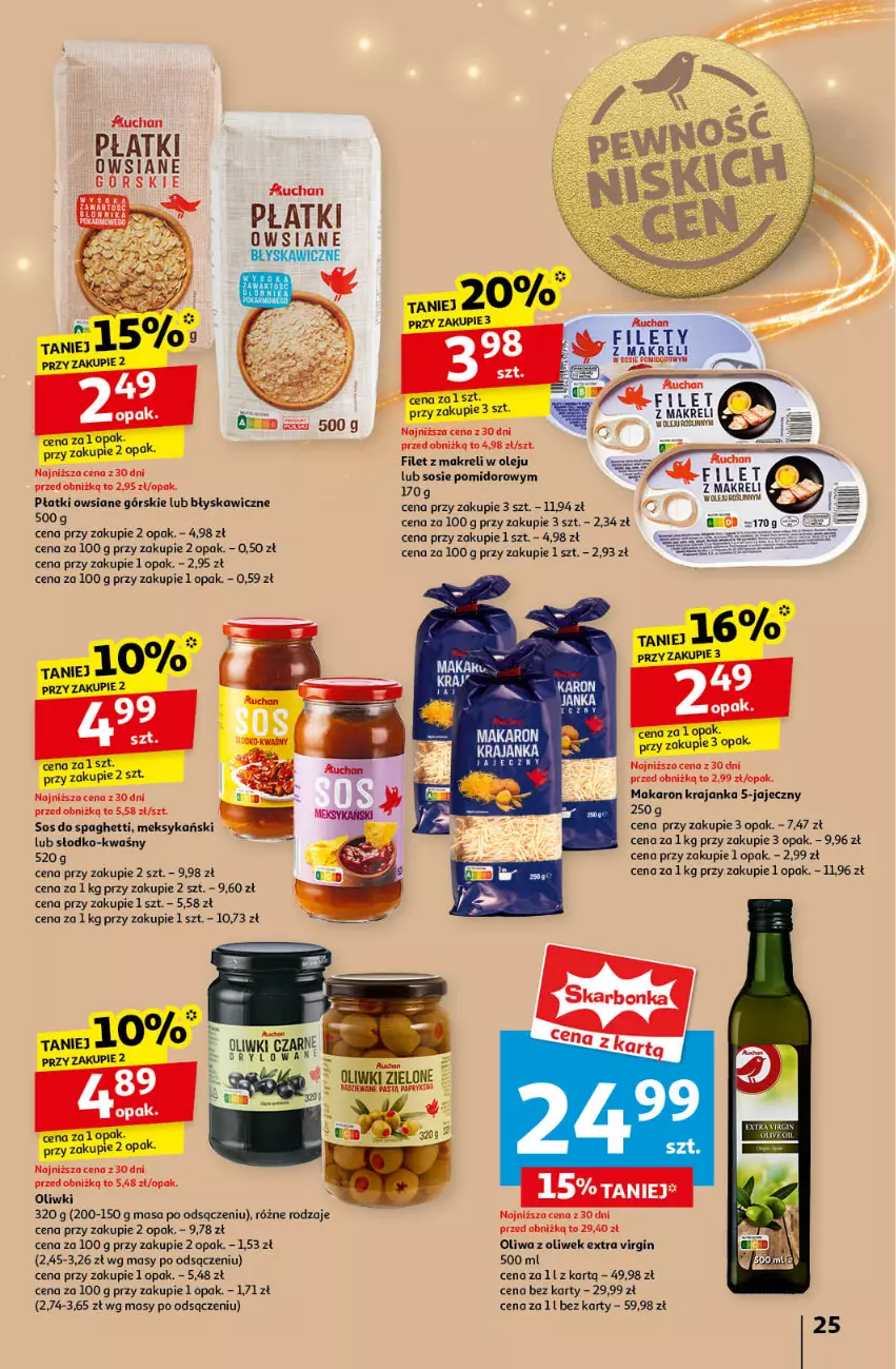 Gazetka promocyjna Auchan - Pewność Niskich Cen Hipermarket - ważna 14.11 do 20.11.2024 - strona 27 - produkty: Filet z makreli, Gin, Makaron, Olej, Oliwa, Oliwa z oliwek, Oliwki, Płatki owsiane, Sos, Spaghetti