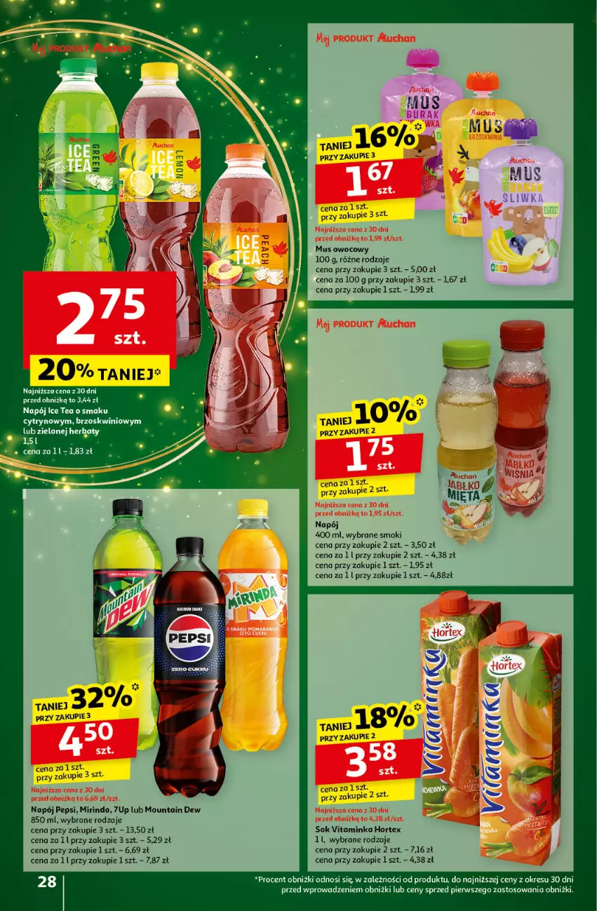 Gazetka promocyjna Auchan - Pewność Niskich Cen Hipermarket - ważna 14.11 do 20.11.2024 - strona 30 - produkty: 7up, Hortex, Ice tea, Inka, Mięta, Mirinda, Mus, Napój, Pepsi, Sok