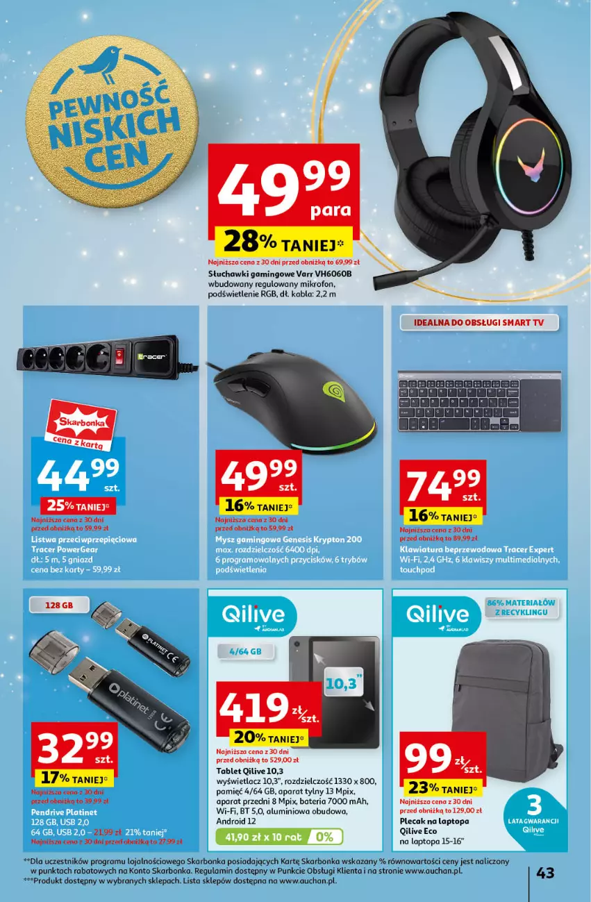 Gazetka promocyjna Auchan - Pewność Niskich Cen Hipermarket - ważna 14.11 do 20.11.2024 - strona 49 - produkty: Bateria, Gra, Mikrofon, Plecak, Słuchawki, Słuchawki gamingowe, Smart tv, Tablet, Top