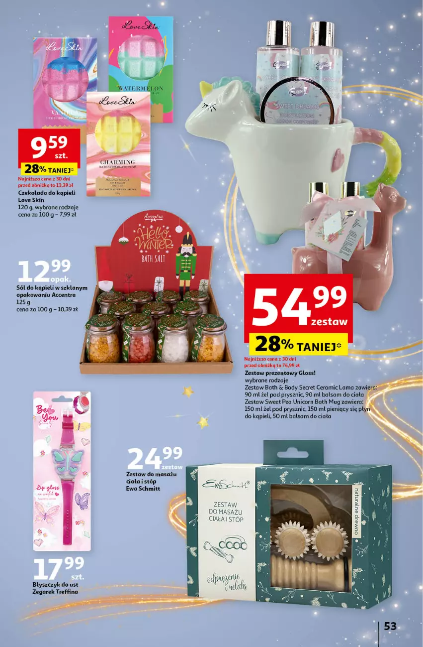 Gazetka promocyjna Auchan - Pewność Niskich Cen Hipermarket - ważna 14.11 do 20.11.2024 - strona 59 - produkty: Balsam do ciała, Błyszczyk do ust, Body, Czekolada, Ewa Schmitt, Sól, Sól do kąpieli, Zegar, Zegarek, Zestaw prezentowy