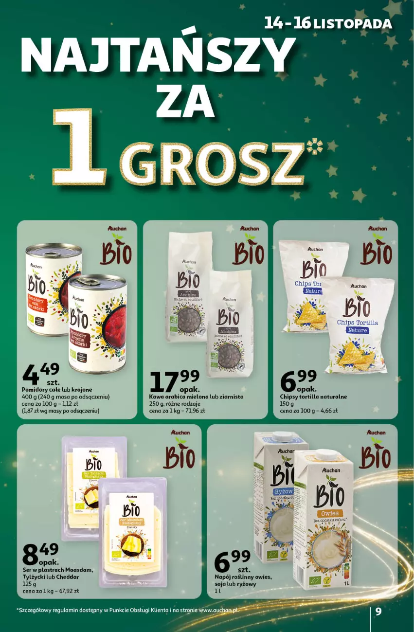 Gazetka promocyjna Auchan - Pewność Niskich Cen Hipermarket - ważna 14.11 do 20.11.2024 - strona 9 - produkty: Cheddar, Fa, Kawa, Maasdam, Napój, Napój roślinny, Pomidory, Ryż, Ser, Tortilla