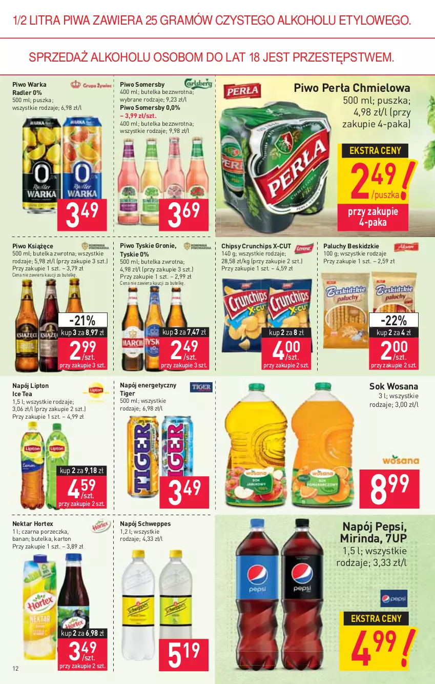 Gazetka promocyjna Stokrotka - Supermarket - ważna 02.09 do 08.09.2021 - strona 12 - produkty: 7up, Beskidzki, Chipsy, Crunchips, Gra, Hortex, Ice tea, Książęce, Lipton, Mirinda, Napój, Napój energetyczny, Nektar, Pepsi, Perła, Piwa, Piwo, Por, Radler, Schweppes, Sok, Somersby, Tiger, Tyskie, Warka, Wosana