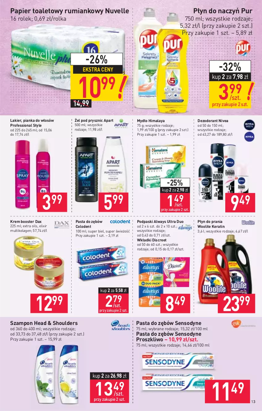 Gazetka promocyjna Stokrotka - Supermarket - ważna 02.09 do 08.09.2021 - strona 13 - produkty: Always, Always Ultra, Booster, DAX, Dezodorant, Discreet, Himalaya, Kolagen, Lakier, Mydło, Nivea, Papier, Papier toaletowy, Pasta do zębów, Pianka do włosów, Płyn do prania, Podpaski, Pur, Rum, Sensodyne, Szampon, Wkładki, Woolite