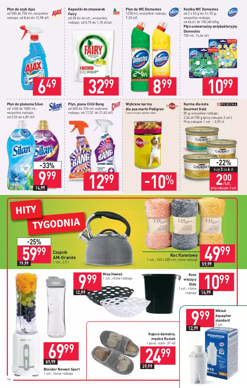 Gazetka promocyjna Stokrotka - Supermarket - ważna 02.09 do 08.09.2021 - strona 14 - produkty: Ajax, Aquaphor, Blender, Cillit Bang, Czajnik, Domestos, Fa, Fairy, Gourmet Gold, Gra, Kapcie, Koc, Kosz, Pedigree, Płyn do płukania, Płyn do szyb, Płyn do wc, Por, Silan, Sport