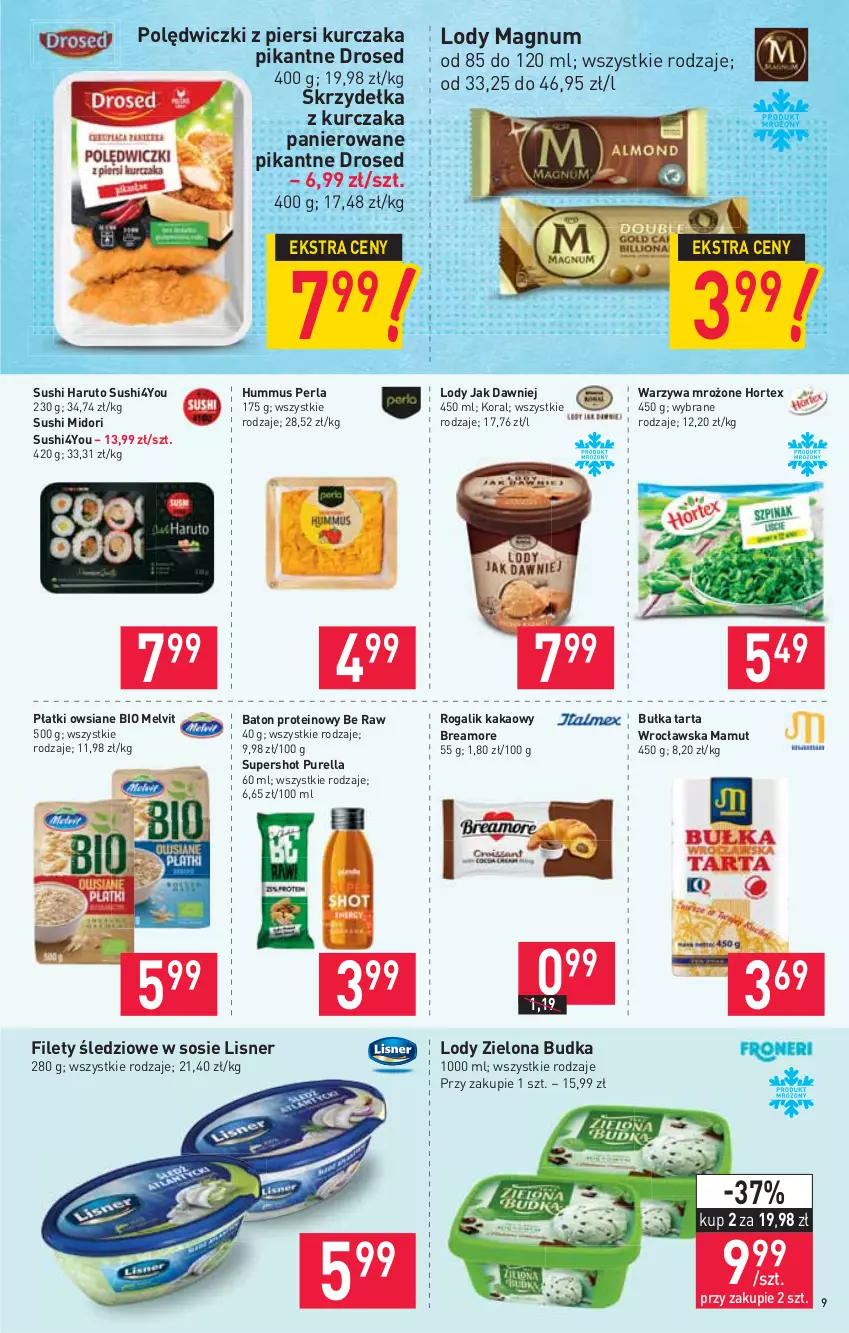 Gazetka promocyjna Stokrotka - Supermarket - ważna 02.09 do 08.09.2021 - strona 9 - produkty: Baton, Bułka, Bułka tarta, Hortex, Hummus, Kakao, Kurczak, Lisner, Lody, Melvit, Mus, Płatki owsiane, Pur, Rogal, Skrzydełka z kurczaka, Sos, Sushi, Tarta, Warzywa, Zielona Budka