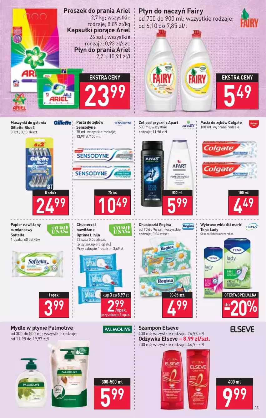 Gazetka promocyjna Stokrotka - Supermarket - ważna 05.01 do 12.01.2022 - strona 13 - produkty: Ariel, Chusteczki, Colgate, Elseve, Fa, Fairy, Gillette, Gin, LG, Mydło, Mydło w płynie, Odżywka, Optima, Palmolive, Papier, Pasta do zębów, Płyn do prania, Proszek do prania, Rum, Sensodyne, Szampon, Wkładki