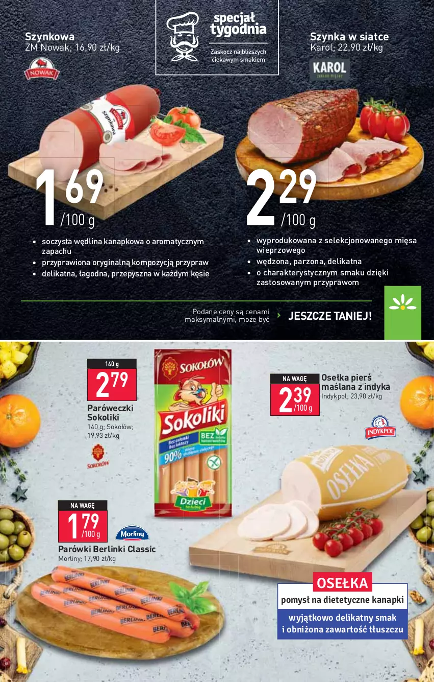 Gazetka promocyjna Stokrotka - Supermarket - ważna 05.01 do 12.01.2022 - strona 5 - produkty: Berlinki, Gin, LANA, Morliny, NOWAK, Parówki, Sok, Sokołów, Szynka, Wędlina