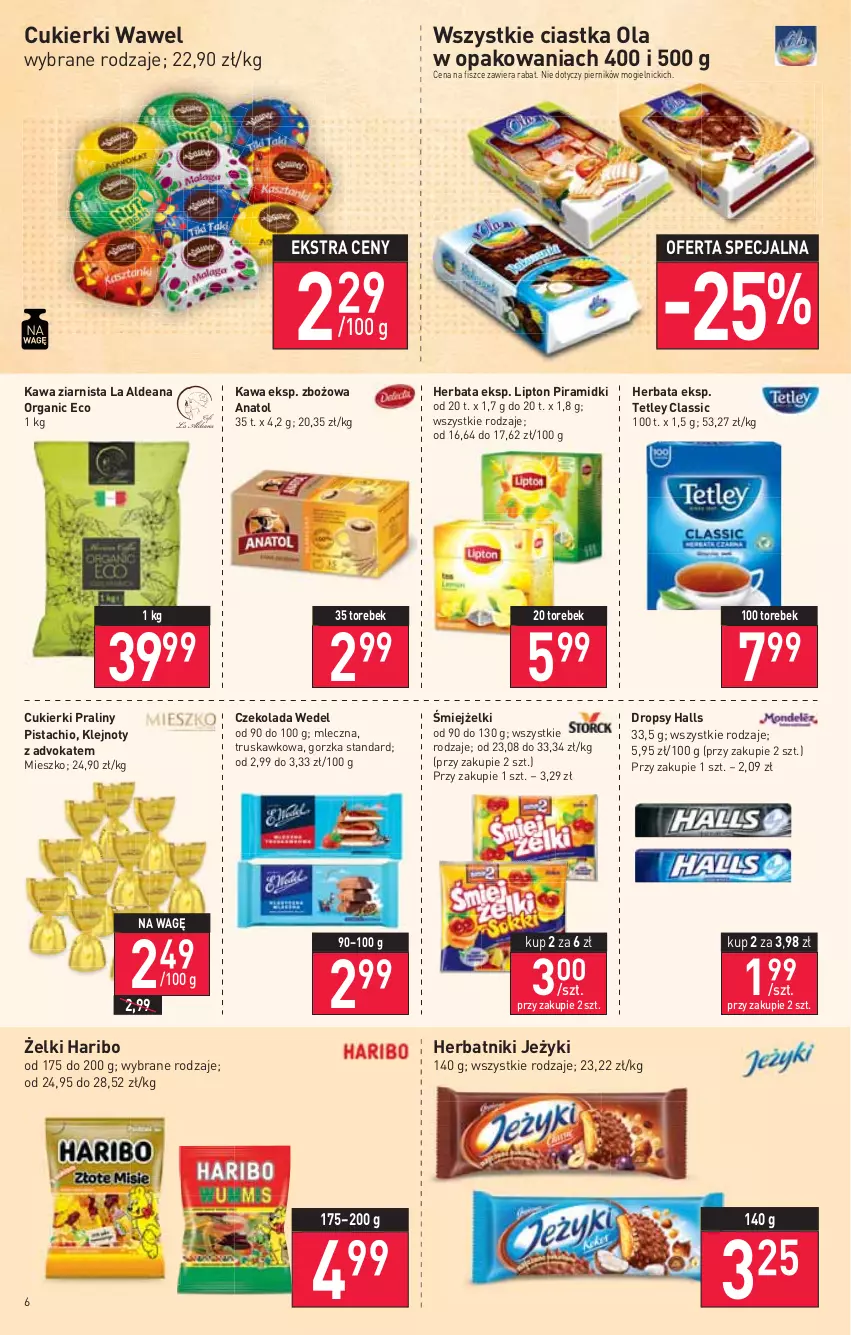 Gazetka promocyjna Stokrotka - Supermarket - ważna 05.01 do 12.01.2022 - strona 6 - produkty: Ciastka, Cukier, Cukierki, Czekolada, Halls, Haribo, Herbata, Herbatniki, Jeżyki, Kawa, Kawa ziarnista, Klej, Lipton, Piernik, Praliny, Tetley, Wawel