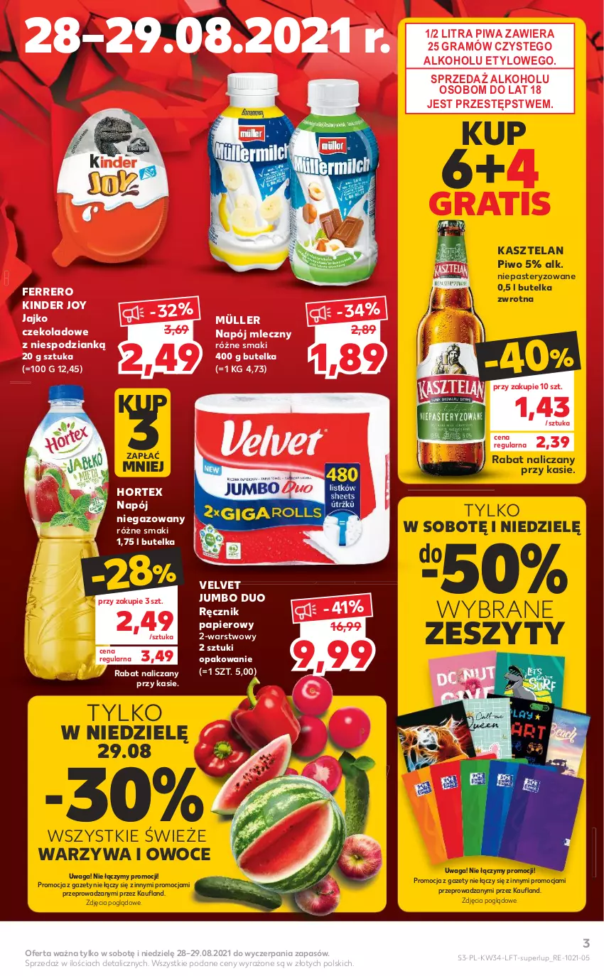 Gazetka promocyjna Kaufland - OFERTA TYGODNIA - ważna 26.08 do 01.09.2021 - strona 3 - produkty: Ferrero, Gra, Hortex, Kasztelan, Kinder, Müller, Napój, Napój mleczny, Napój niegazowany, Owoce, Papier, Piwa, Piwo, Ręcznik, Velvet, Waga, Warzywa, Warzywa i owoce