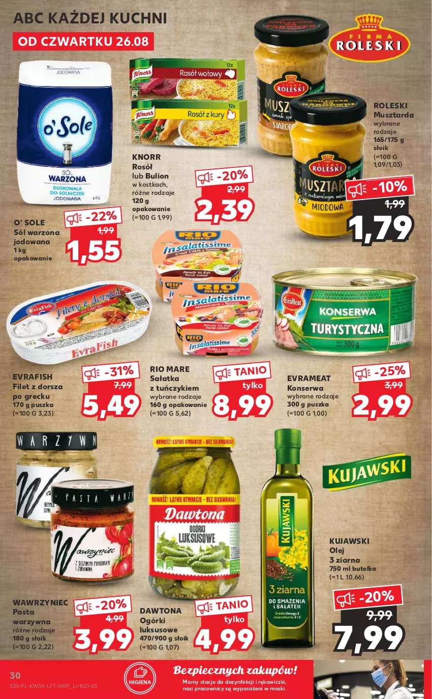 Gazetka promocyjna Kaufland - OFERTA TYGODNIA - ważna 26.08 do 01.09.2021 - strona 30 - produkty: Bulion, Dawtona, Dorsz, Knorr, Kujawski, Lion, Mus, Musztarda, Olej, Pasta warzywna, Piec, Rio Mare, Rosół, Sałat, Sałatka, Ser, Sól, Tuńczyk