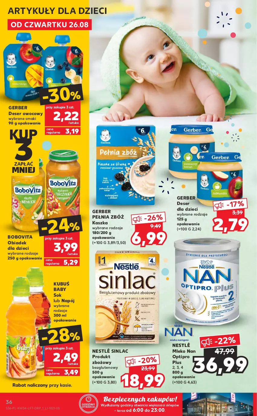 Gazetka promocyjna Kaufland - OFERTA TYGODNIA - ważna 26.08 do 01.09.2021 - strona 36 - produkty: BoboVita, Deser, Deser owocowy, Dzieci, Gerber, Kubuś, Mleko, NAN Optipro, Napój, Nestlé, Piec, Ser, Sinlac, Sok, Tera