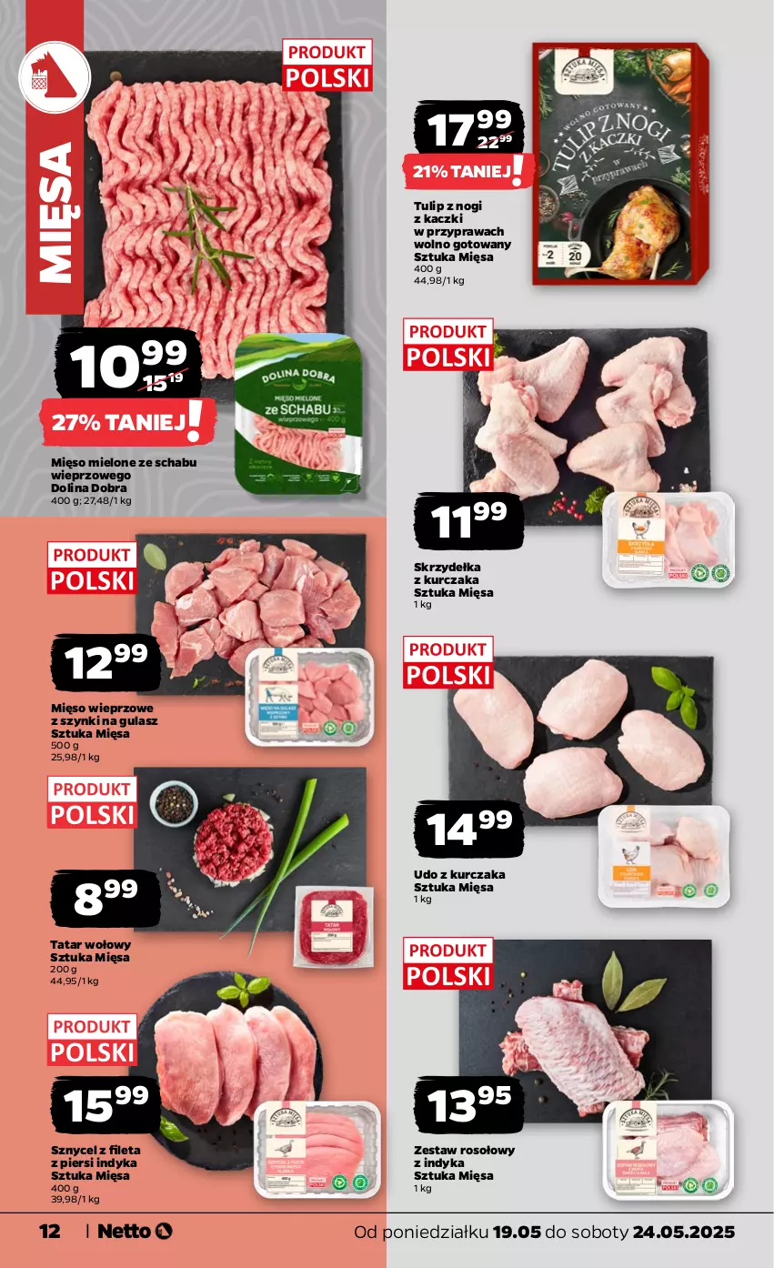 Gazetka promocyjna Netto - Od Poniedziałku - ważna 19.05 do 24.05.2025 - strona 12 - produkty: Kurczak, Mięso, Mięso mielone, Mięso wieprzowe, Skrzydełka z kurczaka, Tatar wołowy, Udo z kurczaka