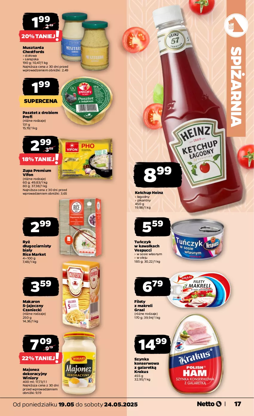 Gazetka promocyjna Netto - Od Poniedziałku - ważna 19.05 do 24.05.2025 - strona 17 - produkty: Gala, Gra, Graal, Heinz, Kawa, Ketchup, Krakus, Majonez, Makaron, Mus, Musztarda, Olej, Pasztet, Ryż, Ser, Sos, Szynka, Szynka konserwowa, Tuńczyk, Winiary, Zupa