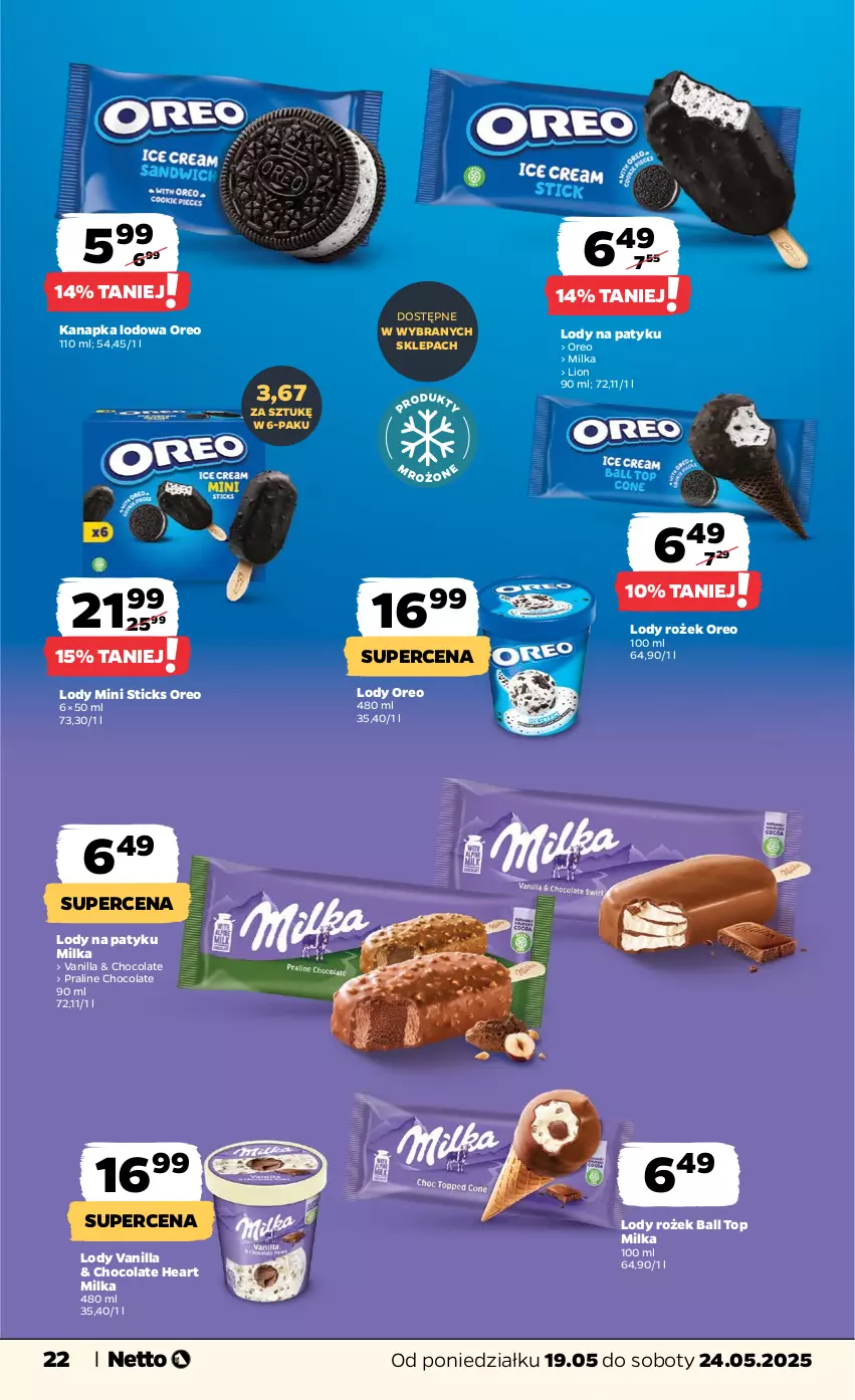 Gazetka promocyjna Netto - Od Poniedziałku - ważna 19.05 do 24.05.2025 - strona 22 - produkty: Lion, Lody, Milka, Oreo, Top
