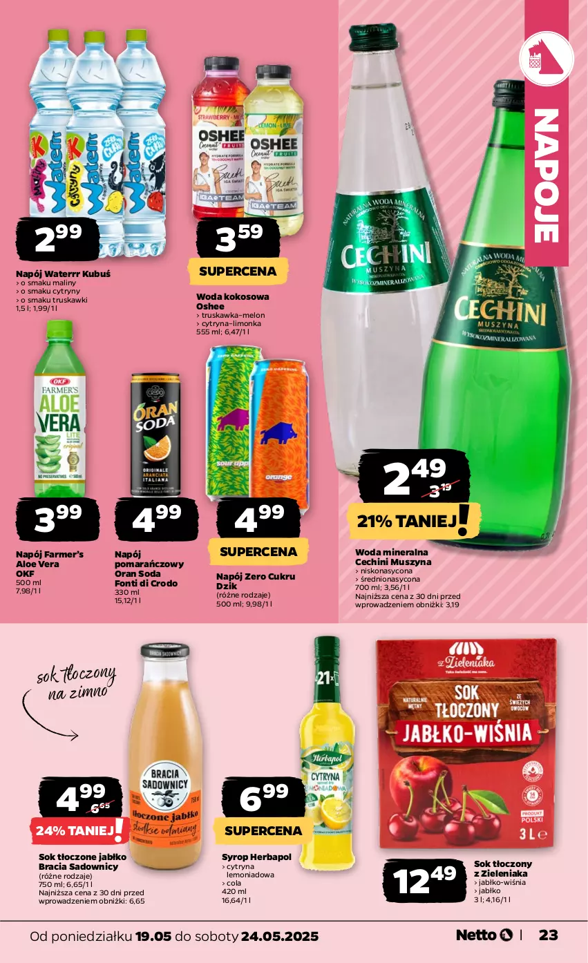 Gazetka promocyjna Netto - Od Poniedziałku - ważna 19.05 do 24.05.2025 - strona 23 - produkty: Aloe vera, Cytryny, Fa, Herbapol, Kokos, Kubuś, Limonka, Maliny, Melon, Mus, Napój, Napoje, Oshee, Sok, Syrop, Szyna, Truskawki, Woda, Woda mineralna
