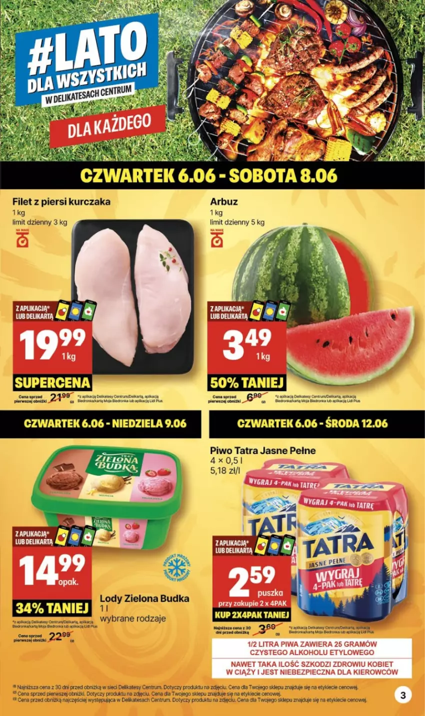 Gazetka promocyjna Delikatesy Centrum - #LATO DLA WSZYSTKICH w Delikatesach Centrum od 3 czerwca! 3-16.06.2024 - ważna 03.06 do 16.06.2024 - strona 3 - produkty: Arbuz, Dell, Filet z piersi kurczaka, Kurczak, LG, Lody, Orka, Piwo, Rum, Ser, Tatra, Zielona Budka