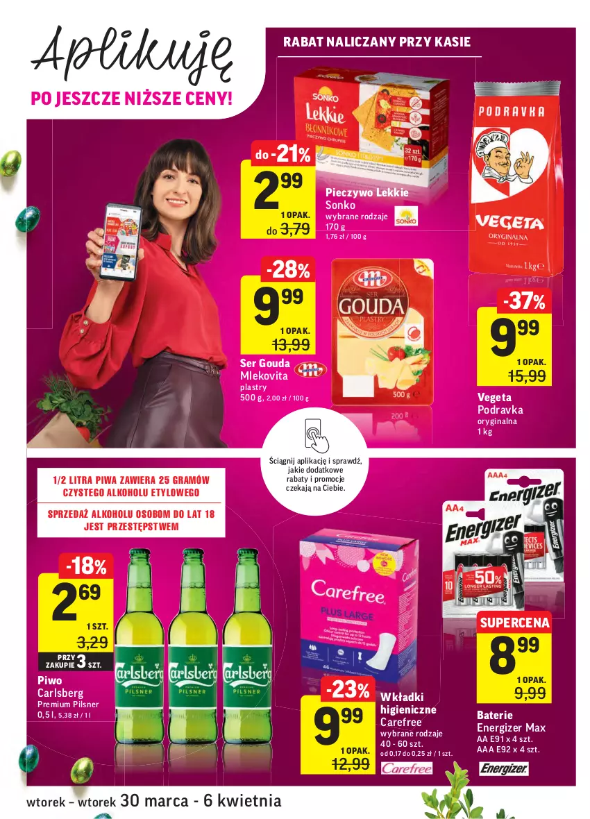 Gazetka promocyjna Intermarche - Wielkanoc - ważna 30.03 do 06.04.2021 - strona 40 - produkty: Carefree, Carlsberg, Energizer, Gin, Gouda, Gra, Mleko, Mlekovita, Piec, Pieczywo, Piwa, Piwo, Podravka, Ser, Sonko, Vegeta, Wkładki