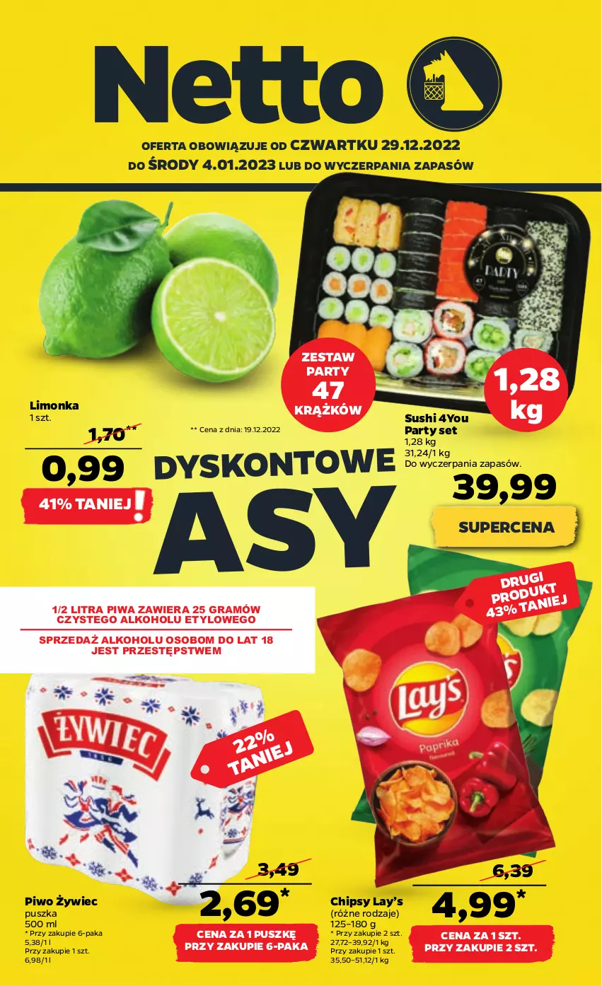 Gazetka promocyjna Netto - Artykuły spożywcze - ważna 29.12.2022 do 04.01.2023 - strona 1 - produkty: Chipsy, Gra, Lay’s, Limonka, Piwa, Piwo, Sushi