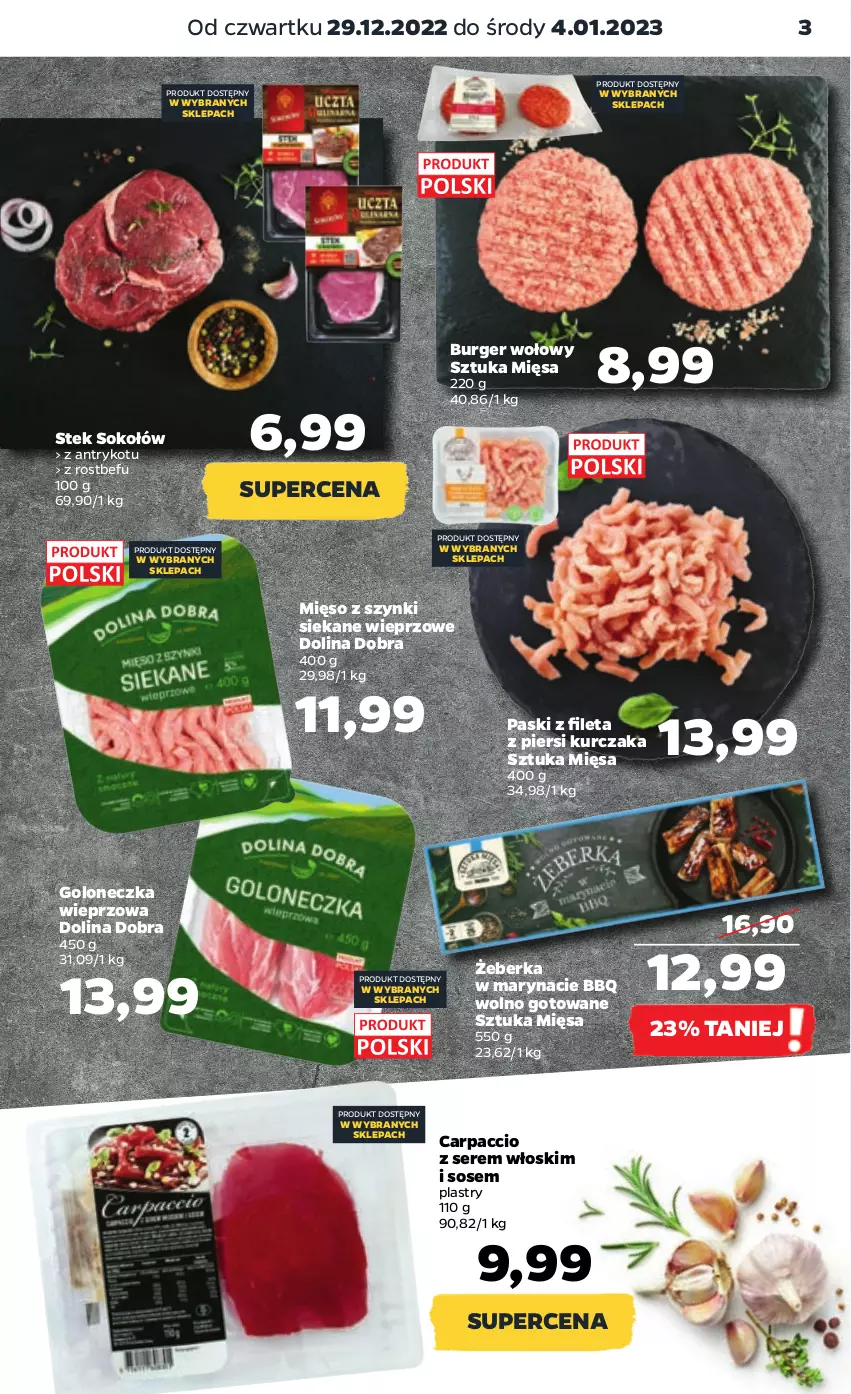 Gazetka promocyjna Netto - Artykuły spożywcze - ważna 29.12.2022 do 04.01.2023 - strona 3 - produkty: Burger, Carpaccio, Kurczak, Mięso, Rostbef, Ser, Sok, Sokołów, Sos, Stek