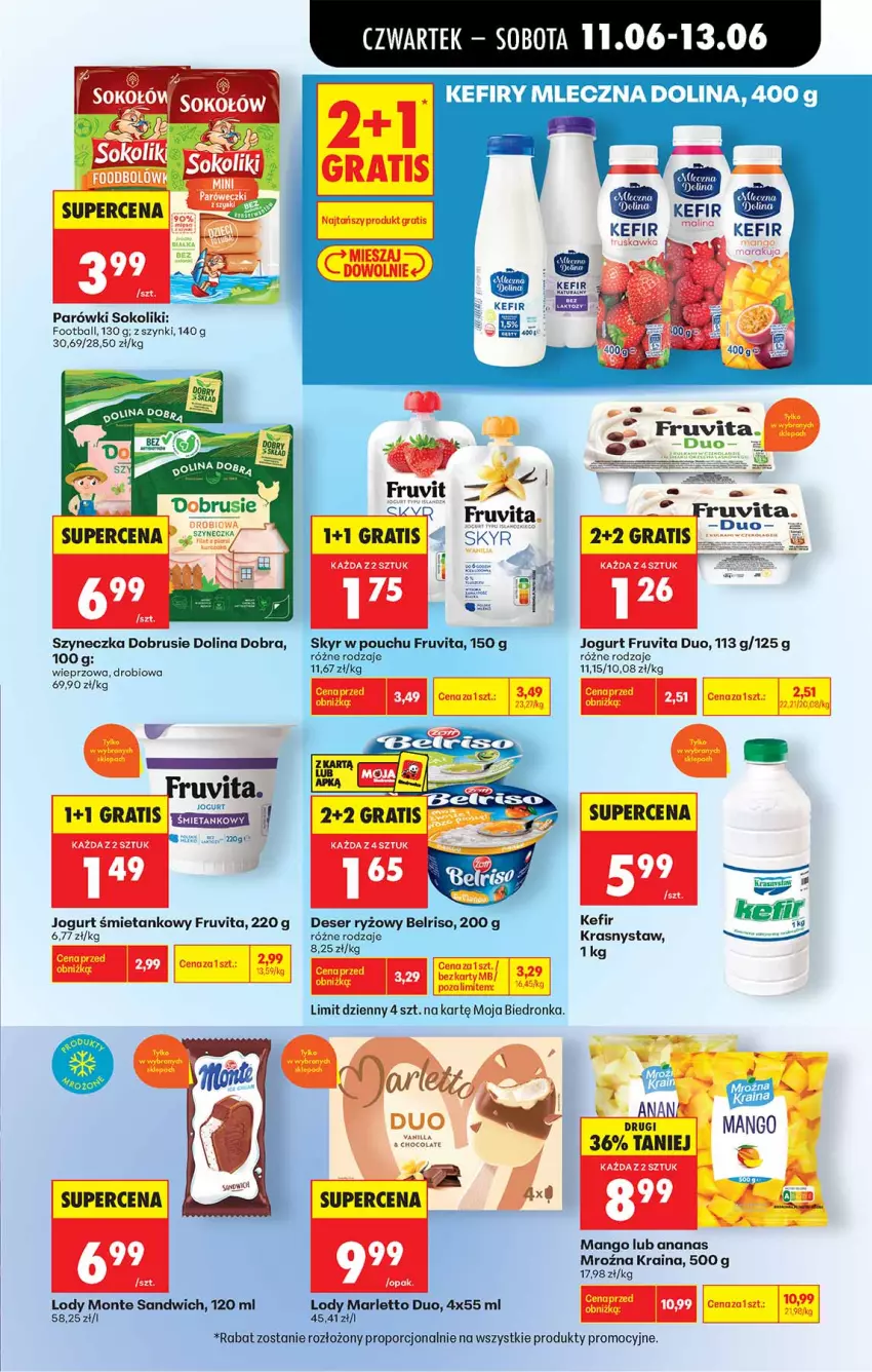 Gazetka promocyjna Biedronka - Od Czwartku - ważna 11.06 do 17.06.2026 - strona 31 - produkty: Ananas, Belriso, Deser, Fa, Jogurt, Kefir, Lody, Mango, Monte, Obrus, Parówki, Parówki sokoliki, Por, Ryż, Ser, Sok
