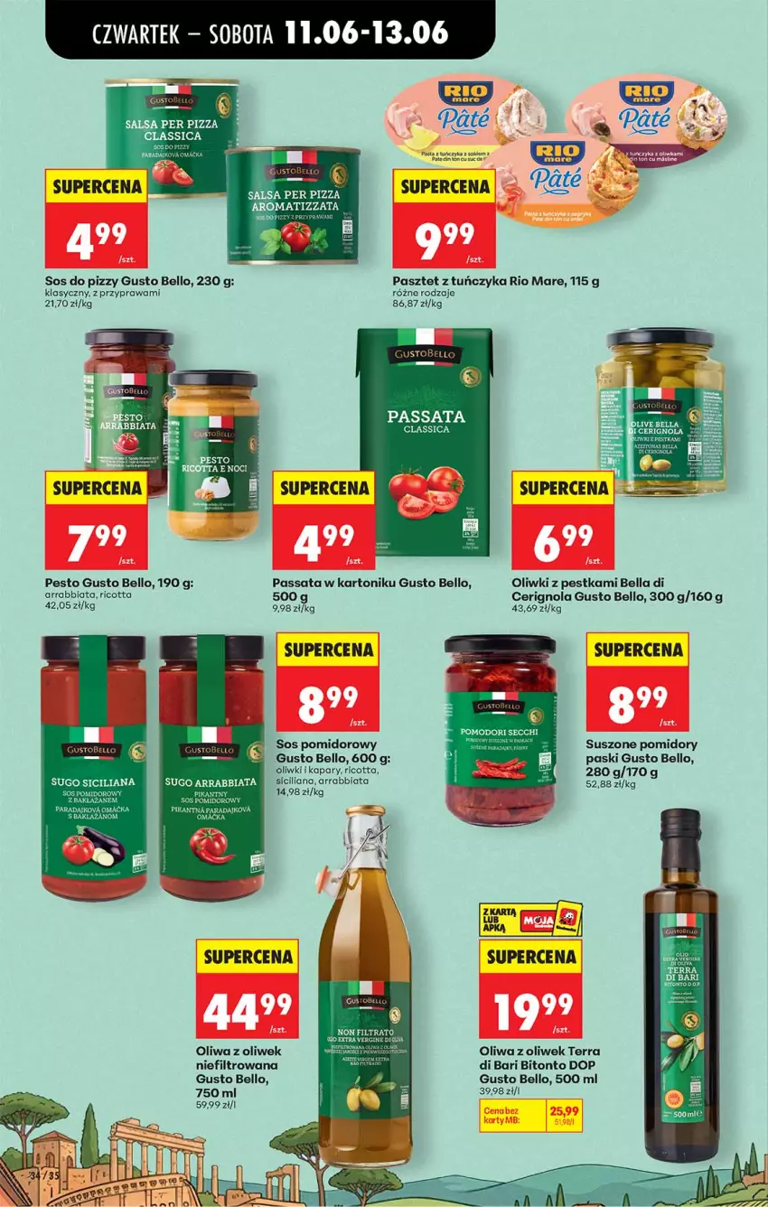 Gazetka promocyjna Biedronka - Od Czwartku - ważna 11.06 do 17.06.2026 - strona 34 - produkty: Bell, Bella, Fa, Gin, Kapary, Oliwa, Oliwa z oliwek, Oliwki, Pasztet, Pesto, Pizza, Pomidory, Ricotta, Rio Mare, Salsa, Sok, Sos, Sos do pizzy, Sos pomidorowy, Suszone pomidory, Tonik, Tuńczyk