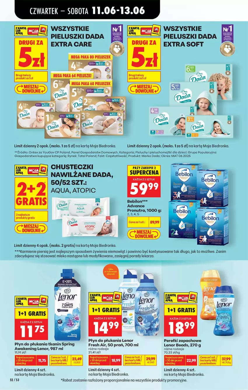 Gazetka promocyjna Biedronka - Od Czwartku - ważna 11.06 do 17.06.2026 - strona 52 - produkty: 7 Days, BEBILON, Chusteczki, Dada, Dzieci, Fa, Gra, Karmi, Lenor, Majtki, Mleko, O nas, Perełki zapachowe, Pieluchomajtki, Pieluchy, Płyn do płukania, Por, Top