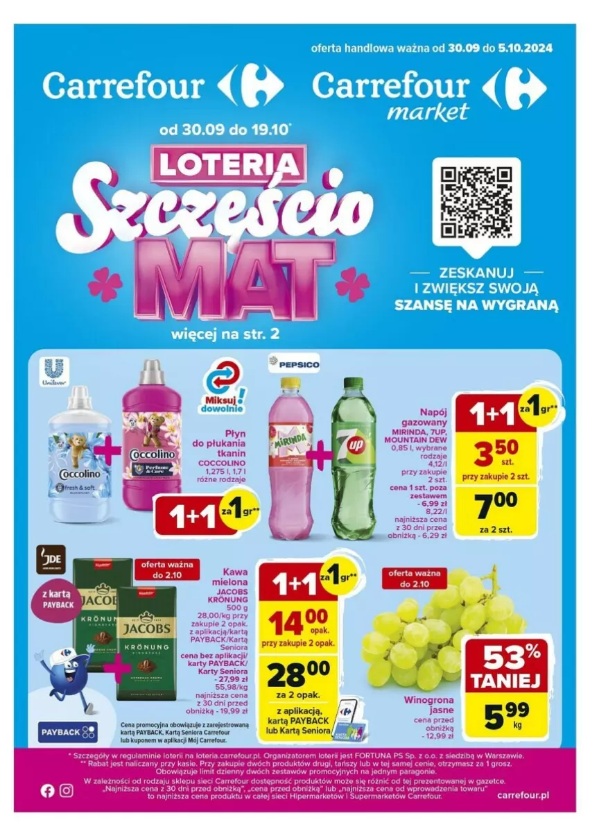 Gazetka promocyjna Carrefour - ważna 30.09 do 05.10.2024 - strona 1 - produkty: 7up, Jacobs, Kawa, Kawa mielona, Mirinda, Napój, Pepsi, Wino, Winogrona