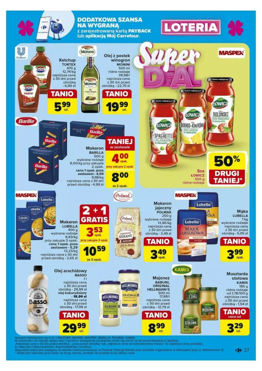 Gazetka promocyjna Carrefour - ważna 30.09 do 05.10.2024 - strona 20 - produkty: Babuni, Barilla, Bell, Bella, Gin, Gra, Kamis, Ketchup, Lubella, Majonez, Mąka, Makaron, Monini, Mus, Musztarda, Olej, Olma, Stek, Wino