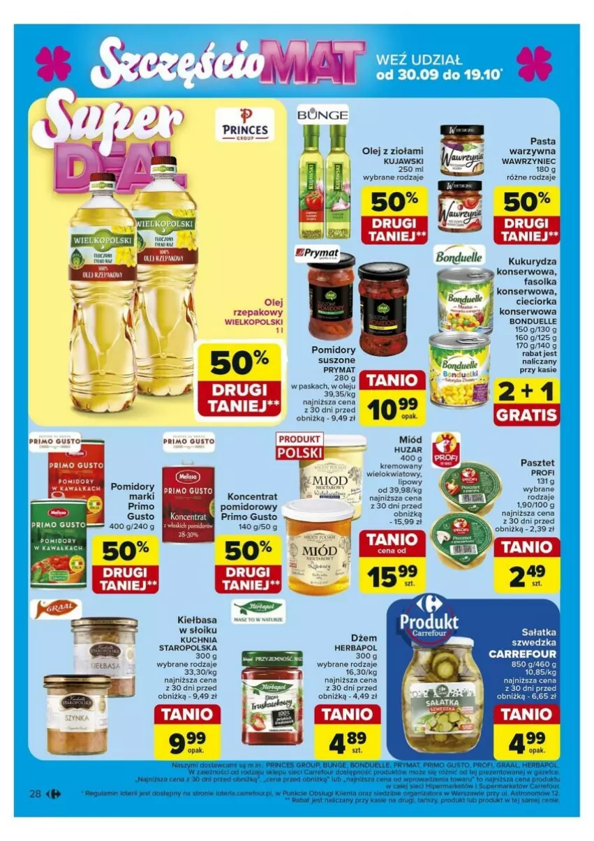 Gazetka promocyjna Carrefour - ważna 30.09 do 05.10.2024 - strona 21 - produkty: Dżem, Fa, Herbapol, Kiełbasa, Kujawski, Kukurydza, Miód, Olej, Pomidory, Prymat