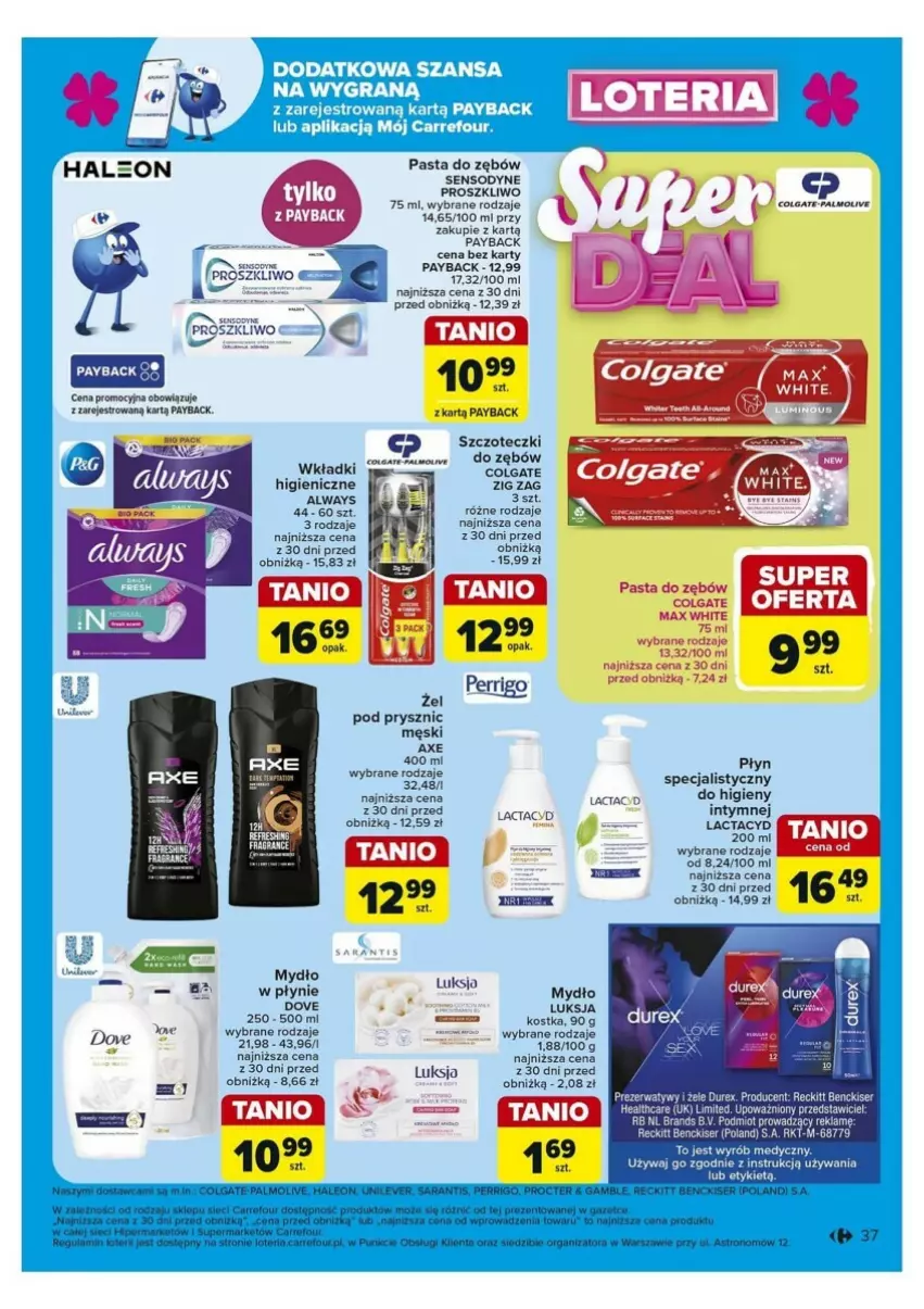 Gazetka promocyjna Carrefour - ważna 30.09 do 05.10.2024 - strona 31 - produkty: Colgate, Durex, Lactacyd, LG, Luksja, Mydło, Mydło w płynie, Pasta do zębów, Prezerwatyw, Sensodyne