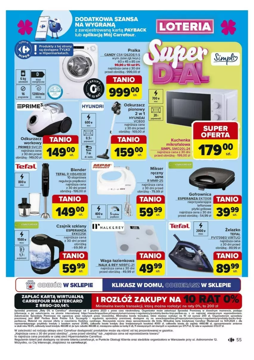 Gazetka promocyjna Carrefour - ważna 30.09 do 05.10.2024 - strona 51 - produkty: Blender, Czajnik, Fa, Gofrownica, Gra, Odkurzacz, Pralka, Tefal, Top, Virtu, Waga, Waga łazienkowa