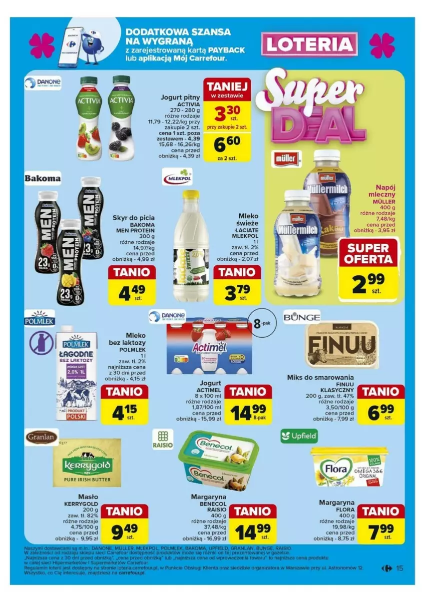 Gazetka promocyjna Carrefour - ważna 30.09 do 05.10.2024 - strona 7 - produkty: Actimel, Activia, Finuu, Flora, Gra, Jogurt, Jogurt pitny, Margaryna, Masło, Mleko, POLMLEK, Pur