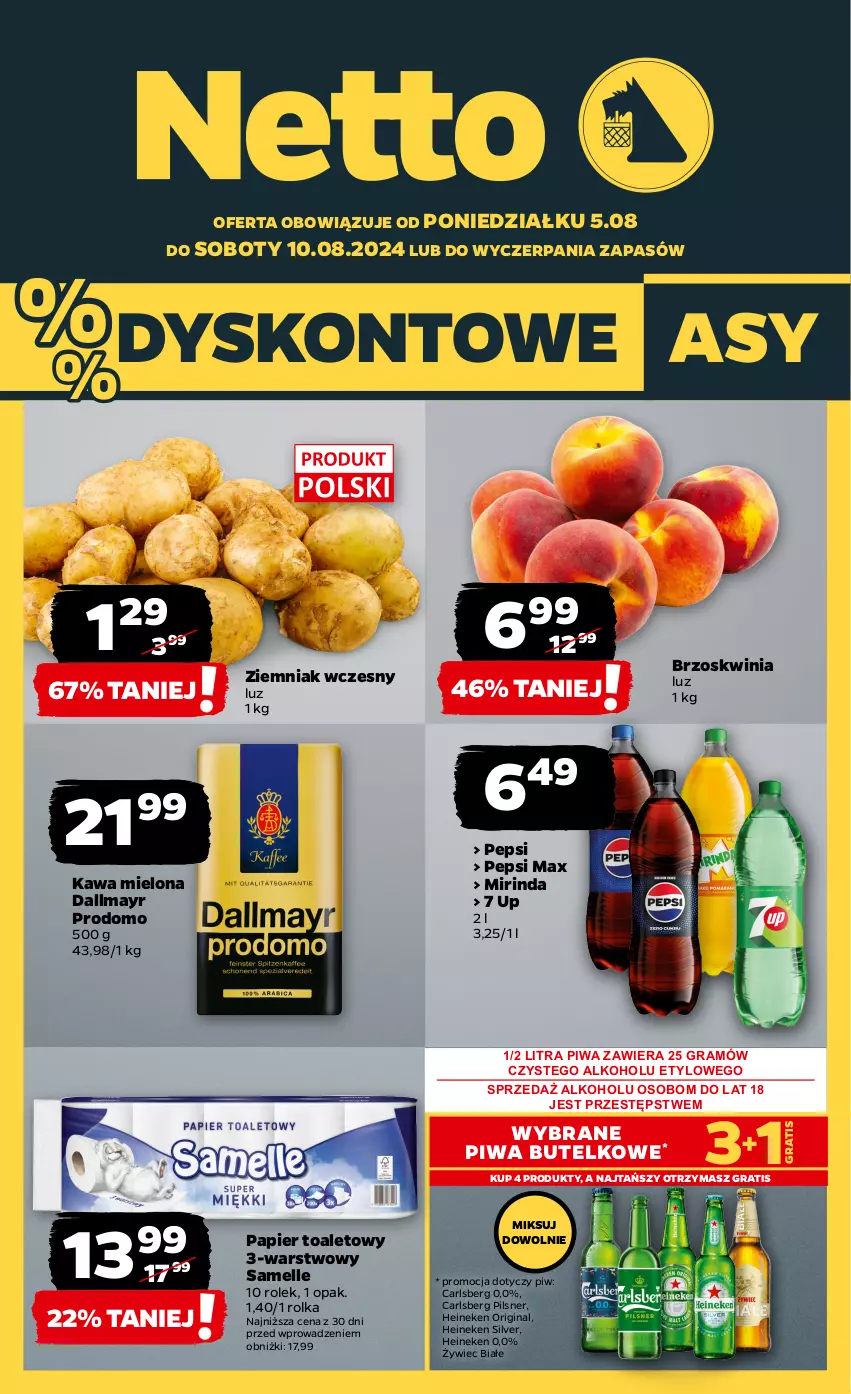 Gazetka promocyjna Netto - Od Poniedziałku - ważna 05.08 do 10.08.2024 - strona 1 - produkty: Carlsberg, Dallmayr, Gin, Gra, Heineken, Kawa, Kawa mielona, Mirinda, Papier, Papier toaletowy, Pepsi, Pepsi max, Piwa