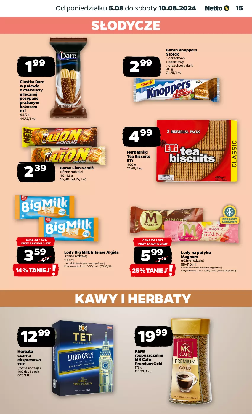 Gazetka promocyjna Netto - Od Poniedziałku - ważna 05.08 do 10.08.2024 - strona 15 - produkty: Algida, Baton, Big Milk, Ciastka, Herbata, Herbata czarna, Herbatniki, Kawa, Kawa rozpuszczalna, Knoppers, Kokos, LG, Lion, Lody, Nestlé