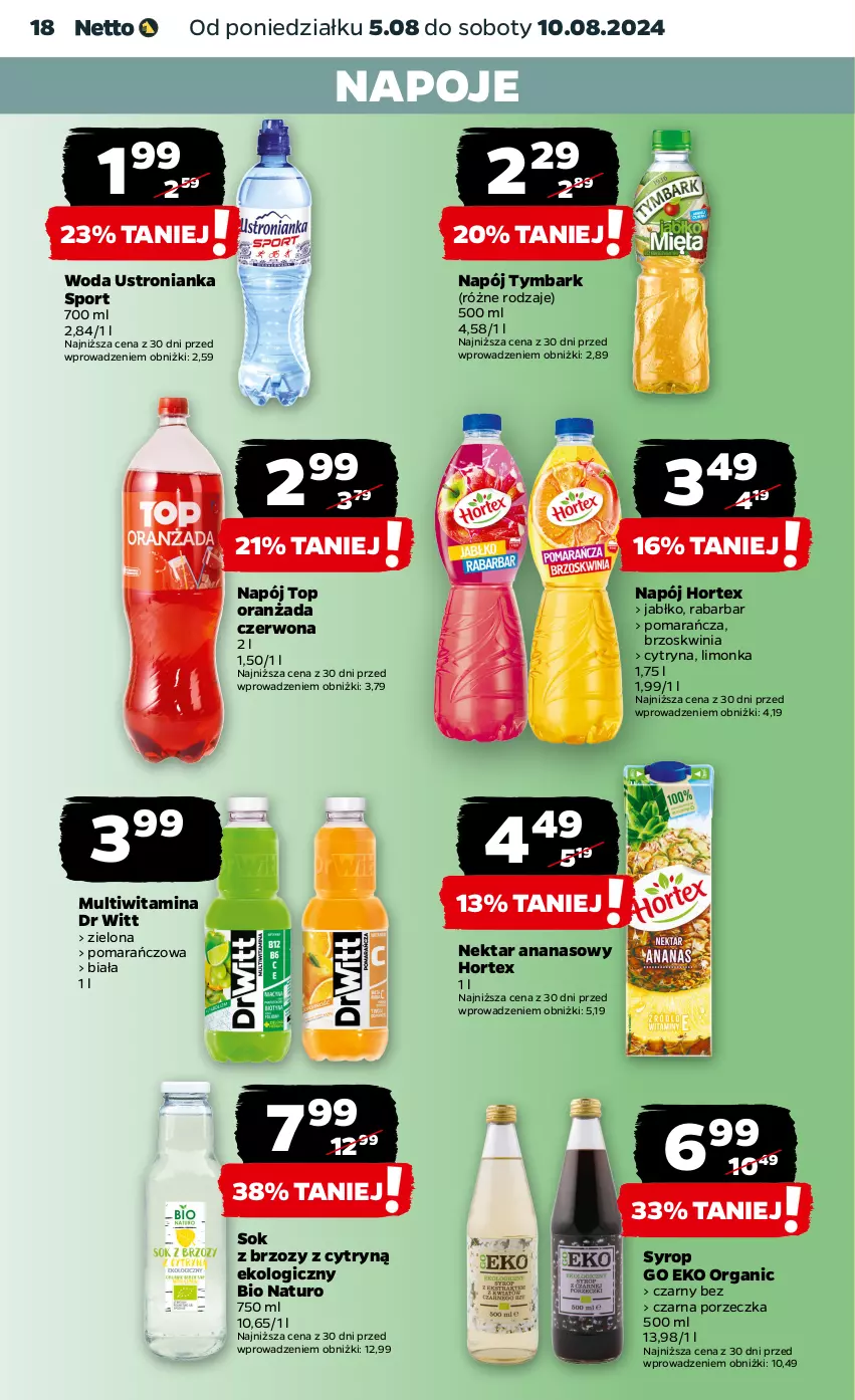 Gazetka promocyjna Netto - Od Poniedziałku - ważna 05.08 do 10.08.2024 - strona 18 - produkty: Ananas, Hortex, Limonka, Napój, Napoje, Nektar, Oranżada, Por, Sok, Sport, Syrop, Top, Tymbark, Woda