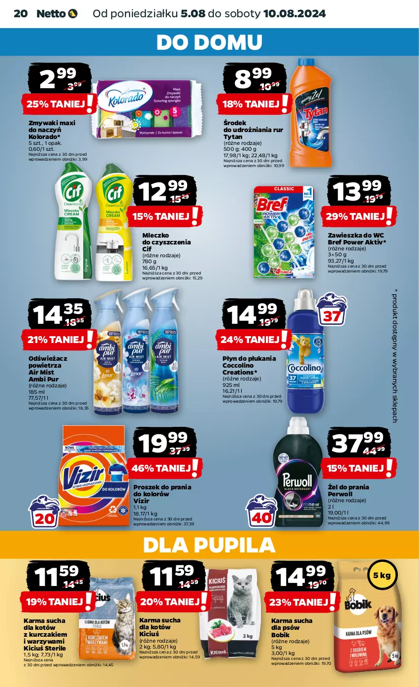 Gazetka promocyjna Netto - Od Poniedziałku - ważna 05.08 do 10.08.2024 - strona 20 - produkty: Ambi Pur, Bref, Cif, Coccolino, Kolorado, Kurczak, Mleczko, Odświeżacz powietrza, Perwoll, Płyn do płukania, Proszek do prania, Pur, Tytan, Vizir, Warzywa, Zawieszka do wc