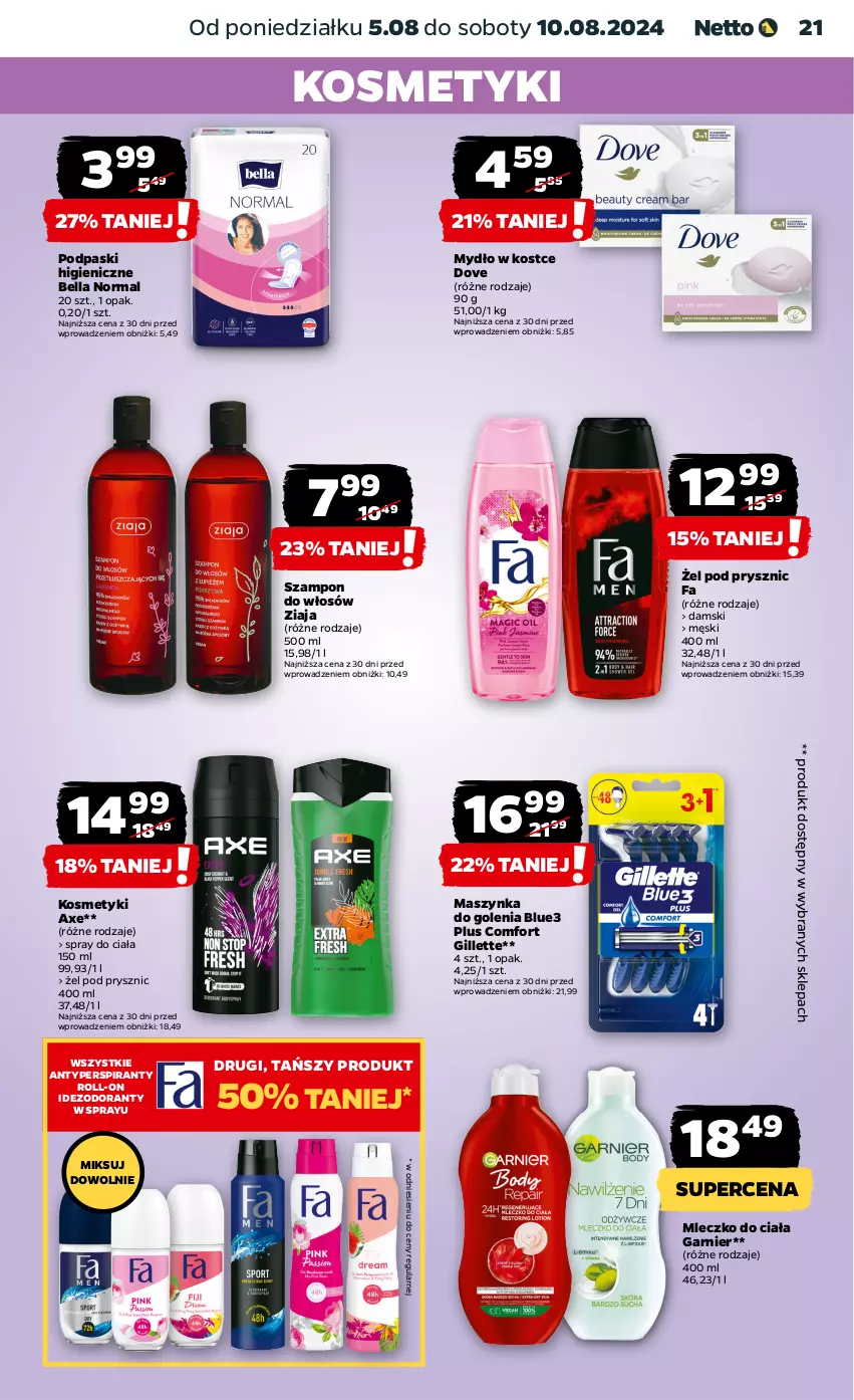 Gazetka promocyjna Netto - Od Poniedziałku - ważna 05.08 do 10.08.2024 - strona 21 - produkty: Antyperspirant, Bell, Bella, Dezodorant, Dove, Fa, Garnier, Gillette, Maszynka, Maszynka do golenia, Mleczko, Mleczko do ciała, Mydło, Podpaski, Szampon, Szynka, Ziaja