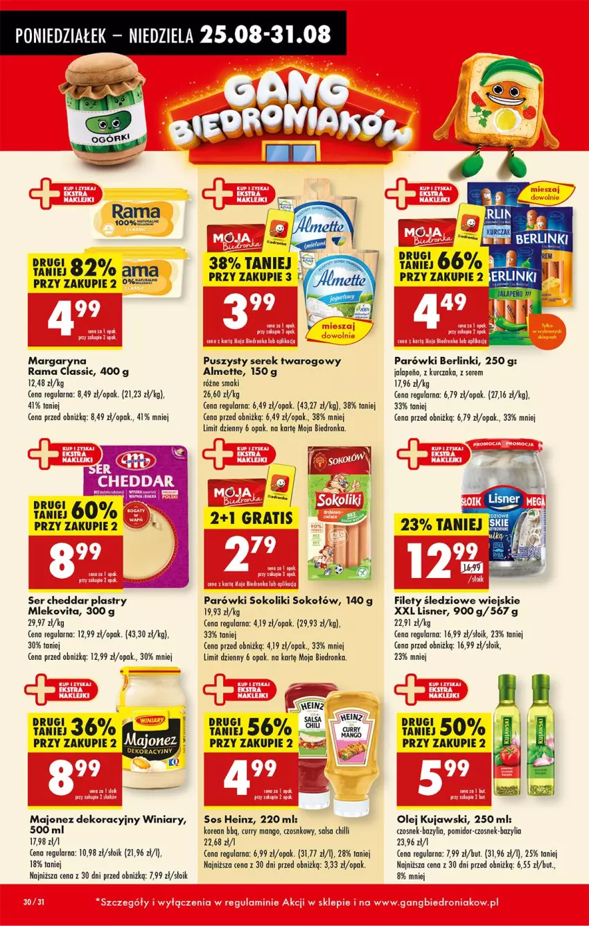 Gazetka promocyjna Biedronka - Od Poniedziałku - ważna 25.08 do 30.08.2025 - strona 36 - produkty: Almette, Bazyl, Bazylia, Berlinki, Cheddar, Czosnek, Gra, Heinz, Kujawski, Kurczak, Lisner, Majonez, Mango, Margaryna, Mleko, Mlekovita, Olej, Parówki, Parówki sokoliki, Rama, Salsa, Ser, Serek, Serek twarogowy, Sok, Sokołów, Winiary