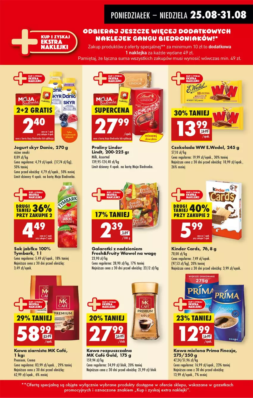 Gazetka promocyjna Biedronka - Od Poniedziałku - ważna 25.08 do 30.08.2025 - strona 37 - produkty: Czekolada, Danio, Gala, Galaretki, Jogurt, Kawa, Kawa mielona, Kawa rozpuszczalna, Kawa ziarnista, Kinder, Lindor, Lindt, Praliny, Prima, Sok, Tymbark, Wawel