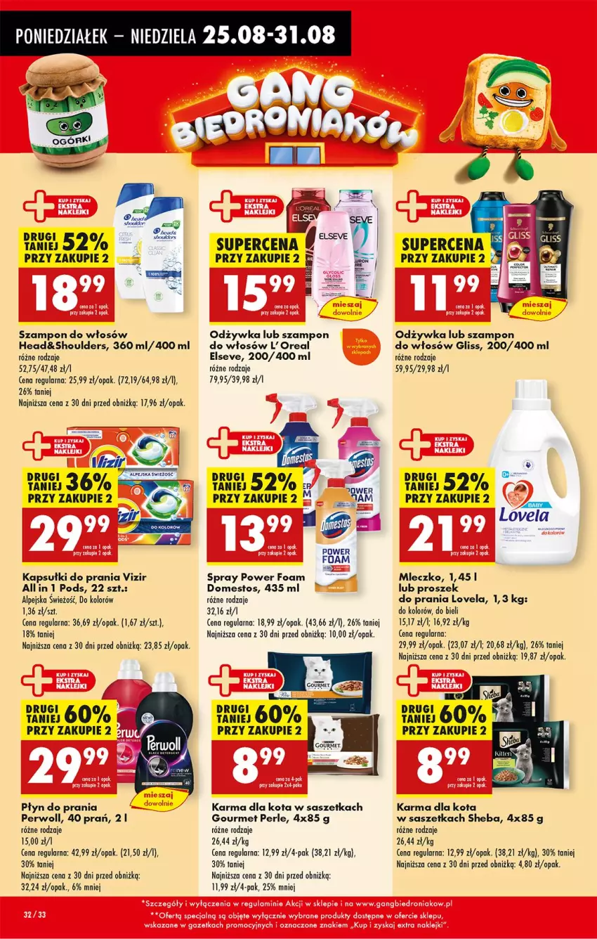 Gazetka promocyjna Biedronka - Od Poniedziałku - ważna 25.08 do 30.08.2025 - strona 38 - produkty: Domestos, Elseve, Kapsułki do prania, Lovela, Mleczko, Odżywka, Perwoll, Płyn do prania, Proszek do prania, Sheba, Szampon, Vizir