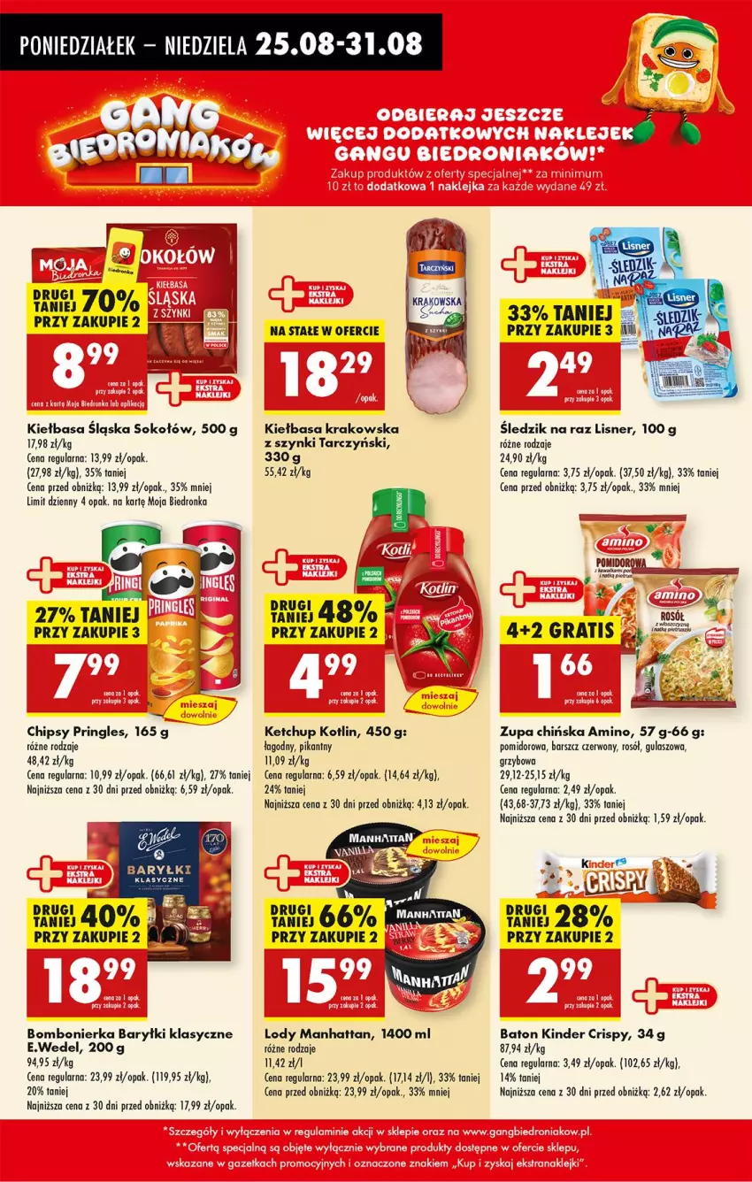 Gazetka promocyjna Biedronka - Od Poniedziałku - ważna 25.08 do 30.08.2025 - strona 40 - produkty: Baryłki, Baton, Chipsy, Ketchup, Kiełbasa, Kiełbasa krakowska, Kiełbasa śląska, Kinder, Kotlin, Lisner, Lody, Pringles, Rosół, Sok, Sokołów, Tarczyński, Zupa