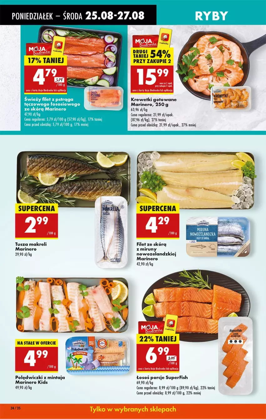 Gazetka promocyjna Biedronka - Od Poniedziałku - ważna 25.08 do 30.08.2025 - strona 44 - produkty: Fa, Filet z pstrąga, Krewetki, Mintaj, Moda, Por, Pstrąg, Sos, Tusz