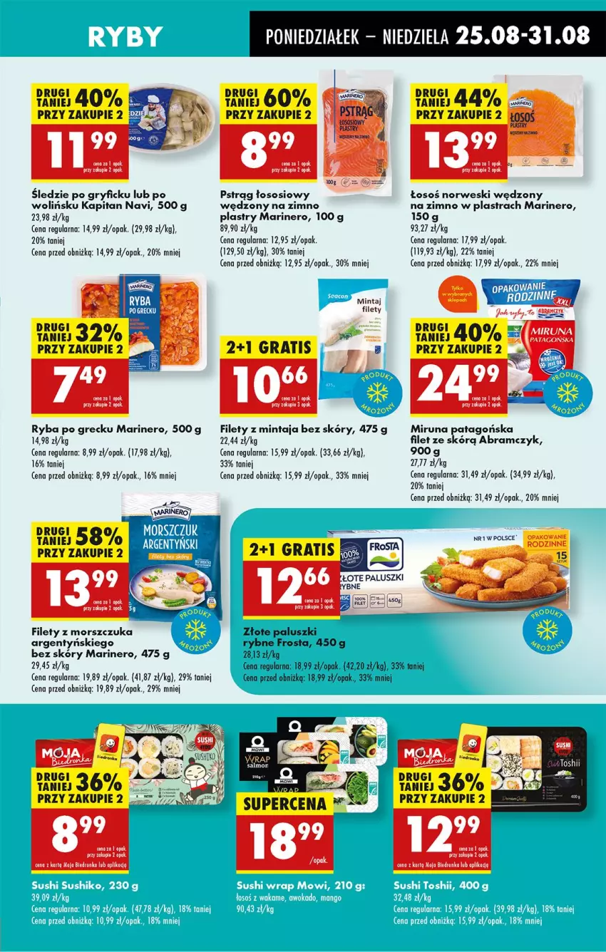 Gazetka promocyjna Biedronka - Od Poniedziałku - ważna 25.08 do 30.08.2025 - strona 45 - produkty: Fa, Frosta, Gra, Gry, Mintaj, Miruna, Paluszki rybne, Pstrąg, Pstrąg łososiowy, Ryba, Ryba po grecku, Sos, Tago